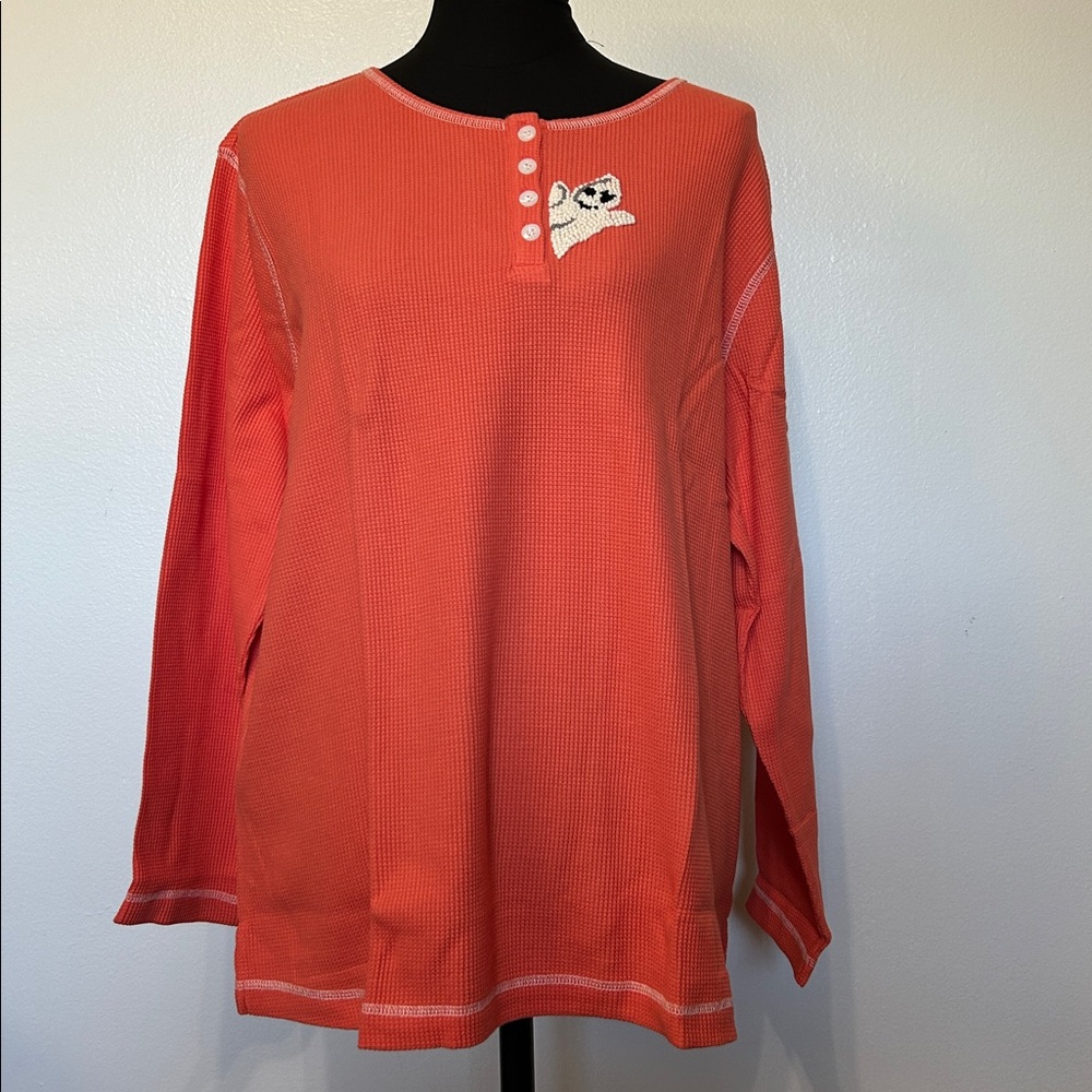 Orange Long Sleeve Henley with Ghost Embroidered on left chest